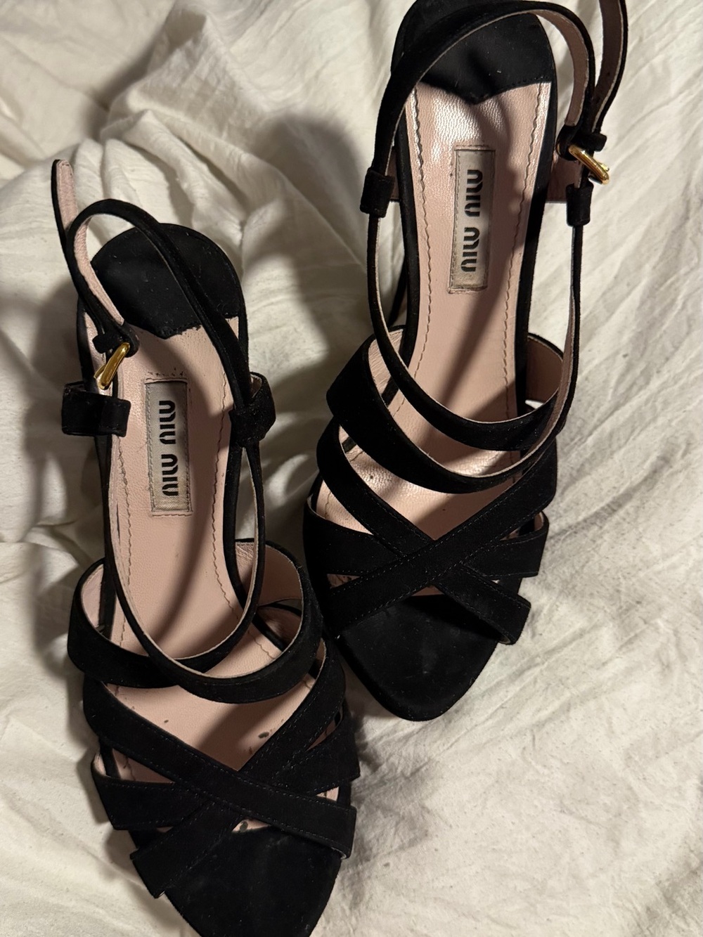 Miu Miu Black Suede Strappy Heels with Pink Insole